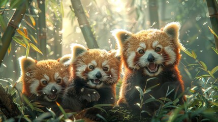 Three red pandas stand in a woodland biome together