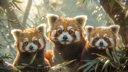 Three red pandas standing together in their natural jungle habitat