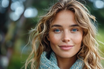 Fototapeta premium Intimate close-up of a beautiful young woman with dazzling blue eyes and a blue scarf, showing natural allure