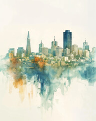 San Francisco skyline illustration silhouette painted in watercolour. Expressive vibrant...