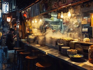Obraz na płótnie Canvas Ramen shop hustle steaming bowls on counter