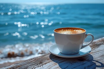 A tranquil scene with a cup of coffee on a wooden table against a sparkling sea background