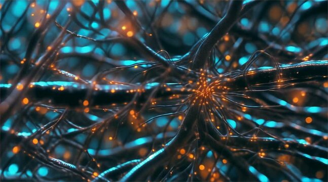 Digital rendering of neural network synapses with electric impulses in an abstract representation.
