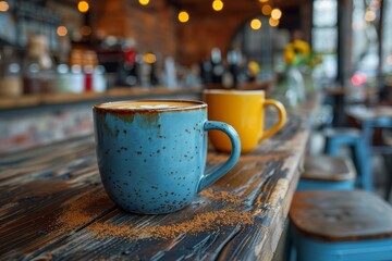 A vivid image showcasing a blue and a yellow coffee mug on a distressed wooden counter with a blurred cafe background