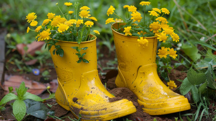 Two yellow flower pots with flowers in them. The pots are upside down and are placed on the ground