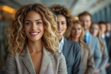 Fototapeta premium A young woman with curly hair smiles confidently as she stands before her professional team