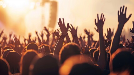 A lively crowd of people with their hands raised in excitement at a concert event. - obrazy, fototapety, plakaty