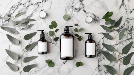 Three assorted blank label cosmetic bottles filled with body lotion placed on top of a luxurious marble counter.