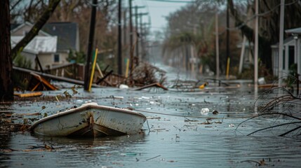 A lone boat sits stranded on a flooded street surrounded by debris and toppled power lines.