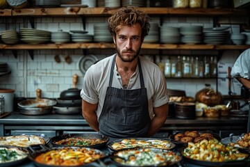 A male chef with a serious expression stands behind various cooked dishes in a professional kitchen