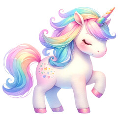 Whimsical Rainbow Unicorn Clipart Collection, A colorful collection of illustrated rainbow unicorns in various poses with party accessories, perfect for birthday themes and children's decor, 
