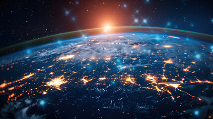 Digital world globe centered on USA, concept of global network and connectivity on Earth, data transfer and cyber technology, information exchange and international telecommunication. Business map