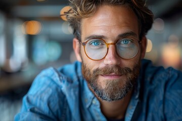 Detailed portrait of a bearded man with captivating blue eyes wearing round glasses