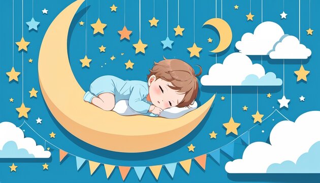 Dreamy Baby Shower Background with Little Boy and Moon