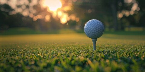 A close-up view of a golf ball sitting on top of a vibrant green field. - obrazy, fototapety, plakaty
