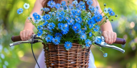 A woman is riding a bike with a basket filled with blue flowers.