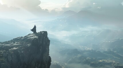 A lone figure stands atop a towering mountain their back to the camera as they gaze out at the vast landscape below. The windswept . .