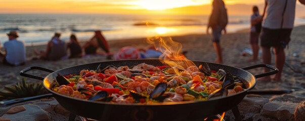 Sunset paella cooking on the beach friends gathering - obrazy, fototapety, plakaty