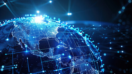 Digital world globe centered on USA, concept of global network and connectivity on Earth, data transfer and cyber technology, information exchange and international telecommunication. Business map