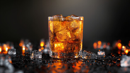 Glass of refreshing cola with ice on dark background. - obrazy, fototapety, plakaty