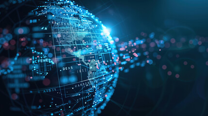 Digital world globe centered on USA, concept of global network and connectivity on Earth, data transfer and cyber technology, information exchange and international telecommunication. Business map