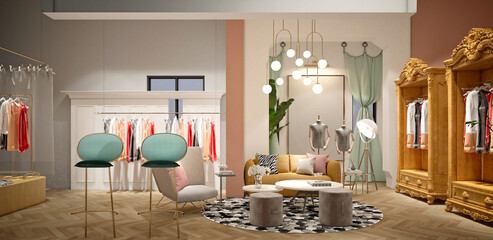 3d render of cloth dress shop interior