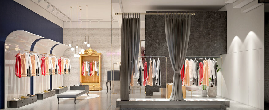 3d render of cloth dress shop interior