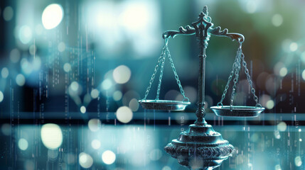 A scale of justice is placed on top of a table. - obrazy, fototapety, plakaty