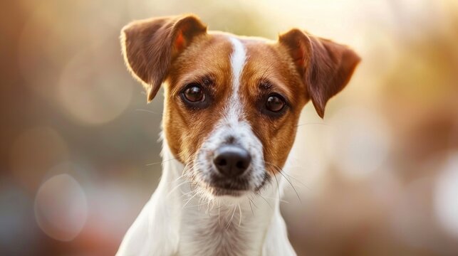 A brown and white dog directly facing the camera, making eye contact with a focused expression. Blurred background adds emphasis on the dog.