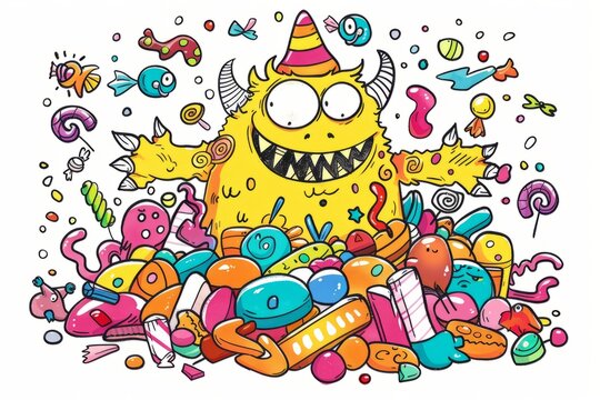 Cartoon cute doodles of a yellow monster with horns and scales, happily munching on a pile of colorful candy and sweets, Generative AI