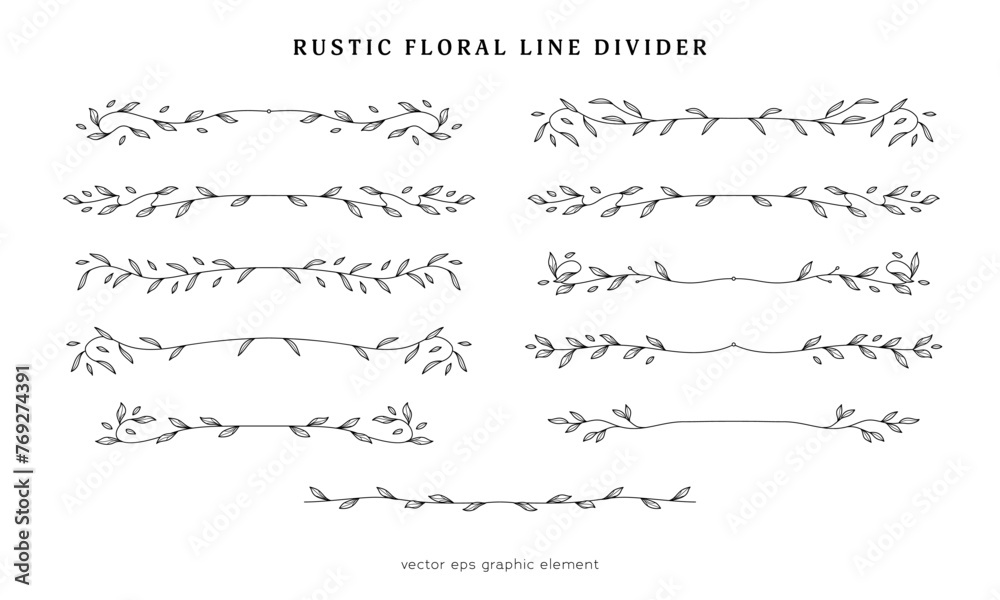 Poster collection of decorative rustic floral line divider for page layout separator vector decoration element, rustic leaf branch line divider