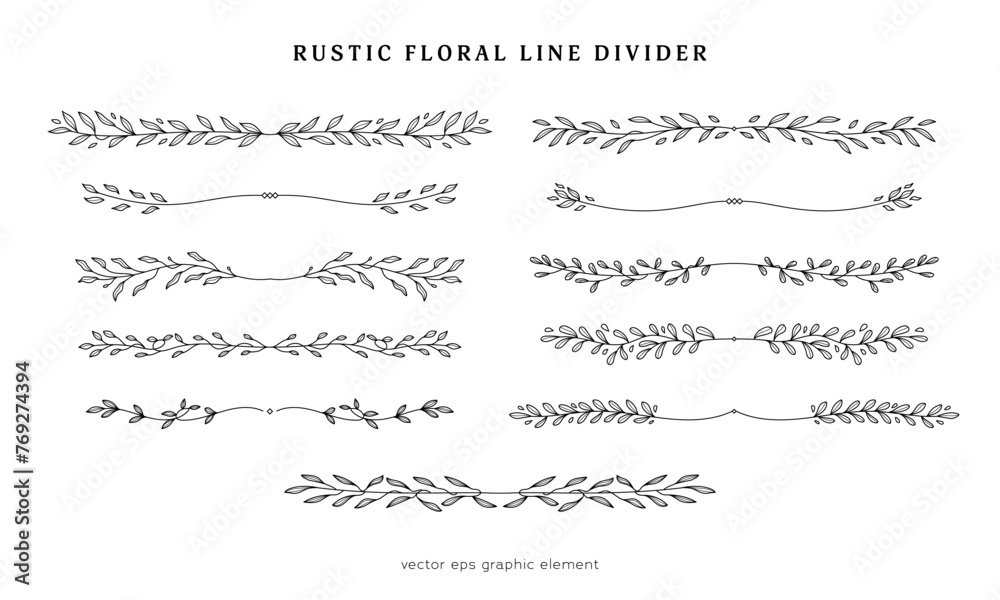Poster rustic floral line divider vector collection for page layout separator, rustic leaf branch line divider