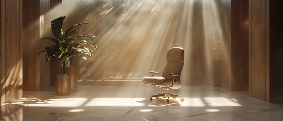 an AI visualization of a chair in a contemporary private office environment, showcasing the luxurious workspace with organic shapes, columns, totems, and a soft, diffused backlit ceiling