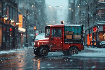 Vintage-toned image of an old-fashioned red truck driving through a snow-covered street lined with lit-up shops