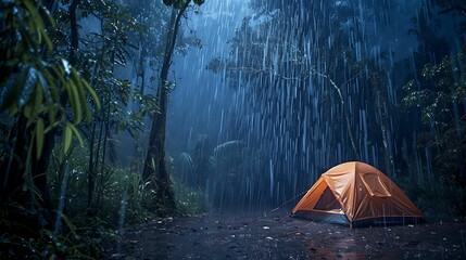 Rain  on  tent  in  forest  tranquil  night  for  peaceful - obrazy, fototapety, plakaty