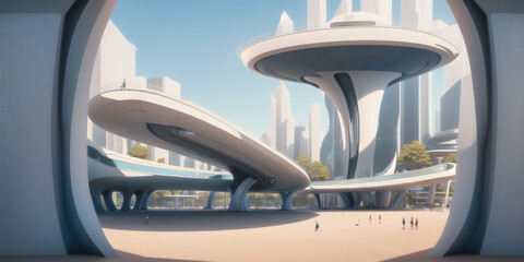 Imaginary design drawings of futuristic science fiction buildings