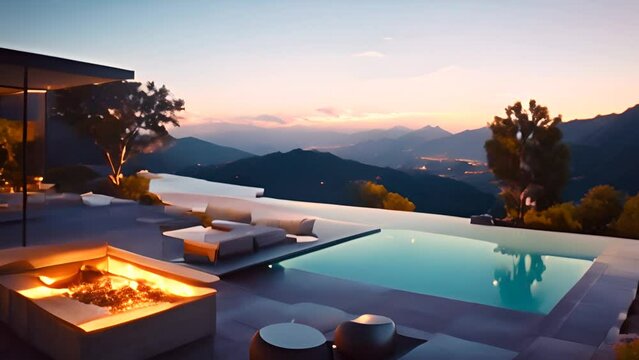 Fire Pit by a Patio and Pool Generative AI