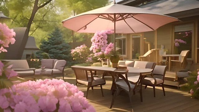 Patio Scene With Table Chairs and Umbrella Generative AI
