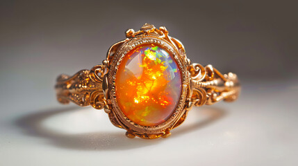 A macro shot capturing the fiery brilliance of an opalescent stone set in a beautifully ornate gold ring