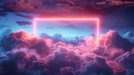 Foto op Canvas 3d render, abstract minimal background, pink blue neon light square frame with copy space, illuminated stormy clouds © Tn