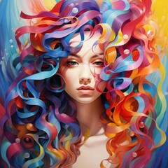 Fototapeta premium Abstract modern art collage of woman portrait made of colorful paper. Paper cut woman profile. Beauty, fine art, fashion concept. Generative AI.