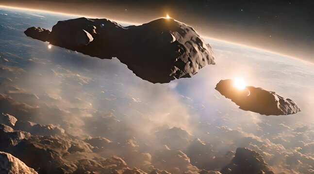 3D animation of asteroids flying through solar system with planet and blue light in the background