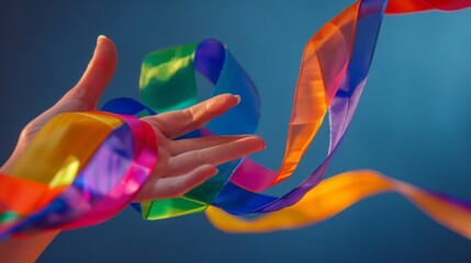 A rhythmic gymnasts colorful ribbon spirals around their hand adding a dynamic element to their performance.