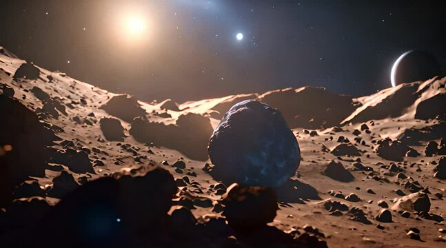 3D animation of asteroids flying through solar system with planet and blue light in the background
