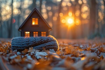 An adorable miniature house snuggled in a scarf amidst autumn leaves, symbolizing warmth and homeliness