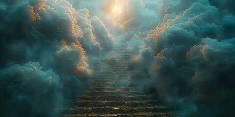 Ascending Stone Steps Towards the Heavenly Light. Concept Mystical Journey, Light at the End, Spiritual Path, Transcendence, Hopeful Ascent - obrazy, fototapety, plakaty