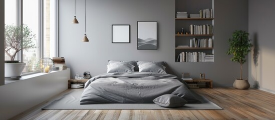 Modern bedroom with gray bedding, built-in shelves, wooden floor, and minimalist style.