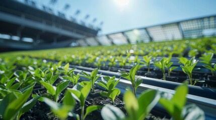 A stadium with a sustainable rooftop garden powered by renewable energy.