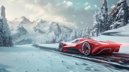 A  red  futuristic  sports  car  speeding  down  a  curved