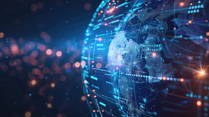 Digital world globe, concept of global network and connectivity on Earth, high speed data transfer and cyber technology, information exchange and international telecommunication. Business map